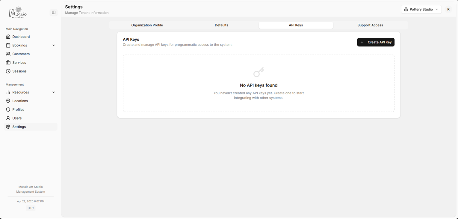 API Keys tab for global owners